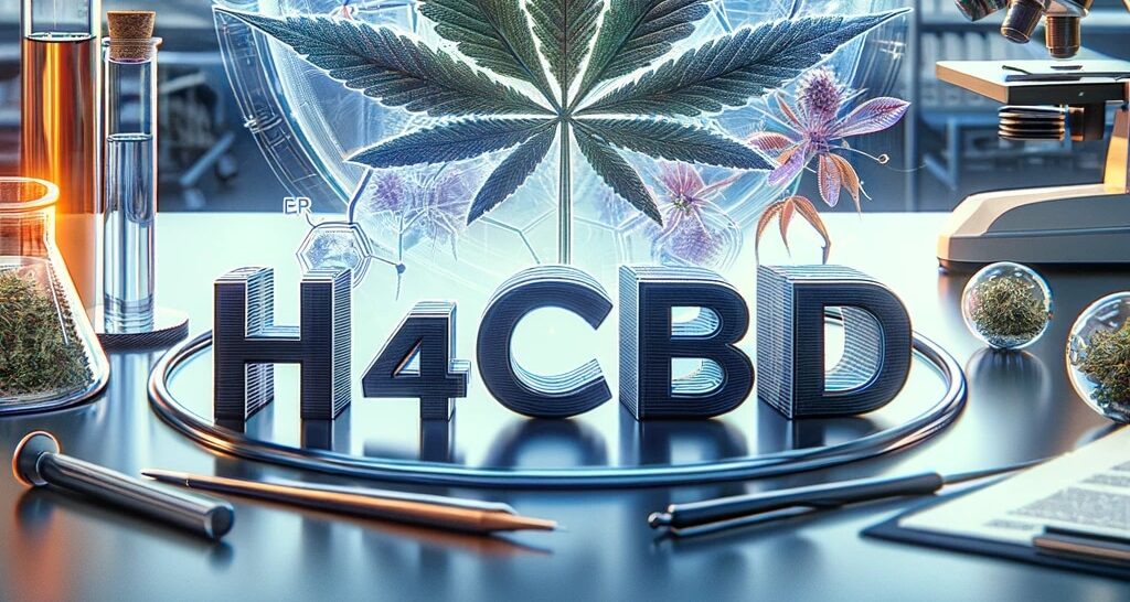 Image éducative montrant 'H4CBD' dans un laboratoire scientifique avec équipements et fleurs de CBD, représentant la recherche et l'innovation dans les cannabinoïdes.